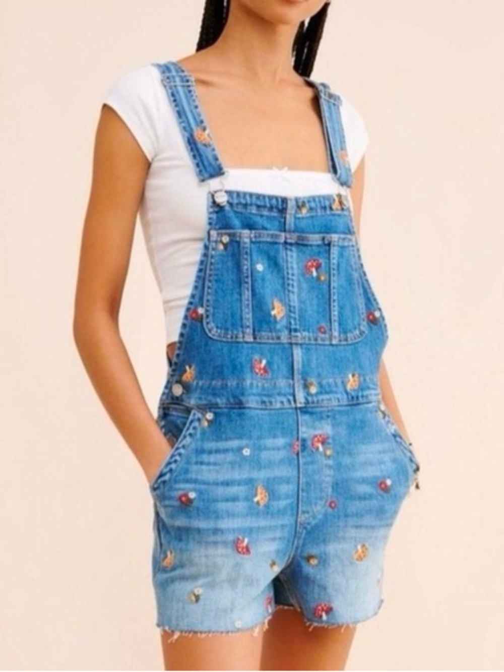 NWT Driftwood Free People Mushroom Flowers Embroidered Overalls Shortalls Medium - Picture 2 of 16